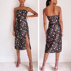 ❤️Lulus Make a Move Black Satin Floral Jacquard Strapless Midi Dress